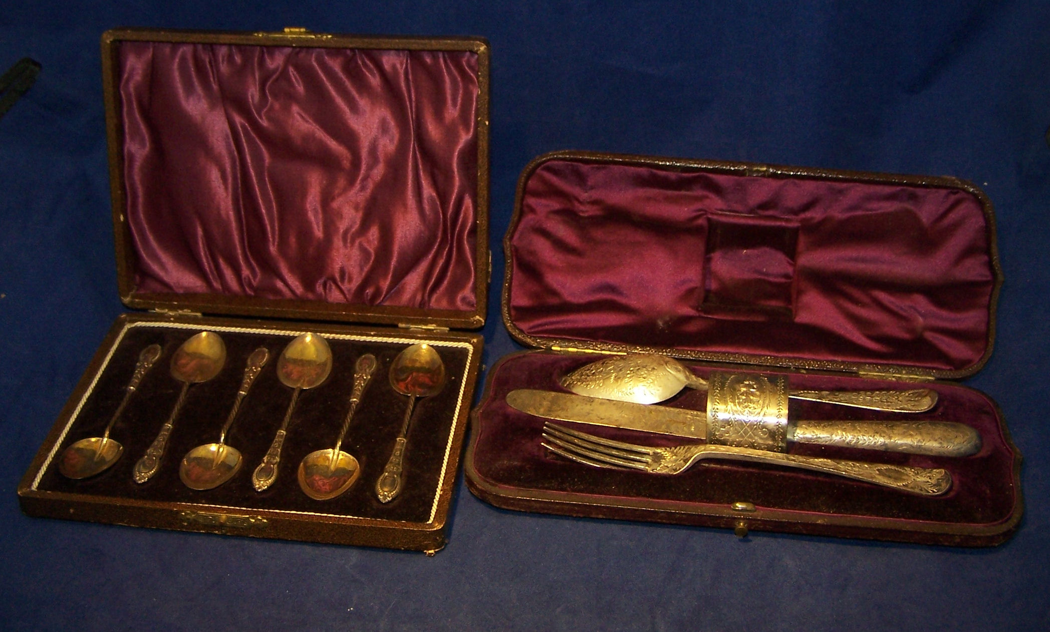 A Victorian silver Christening Set of Knife, Fork, Spoon and Serviette Ring with engraved