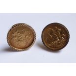 Two gold Sovereigns, 1907 and 1904, mounted as a pair of cuff links in 9ct. gold mounts.  (28.