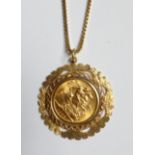 A 1968 gold Sovereign in 9ct. gold pendant mount and on a 9ct. gold box link chain.  (19.4gms)