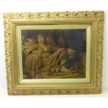 A German Crystoleum with a lady reclining on a day bed, 12" (31cms) x 15" (38cms) in gilt frame, and