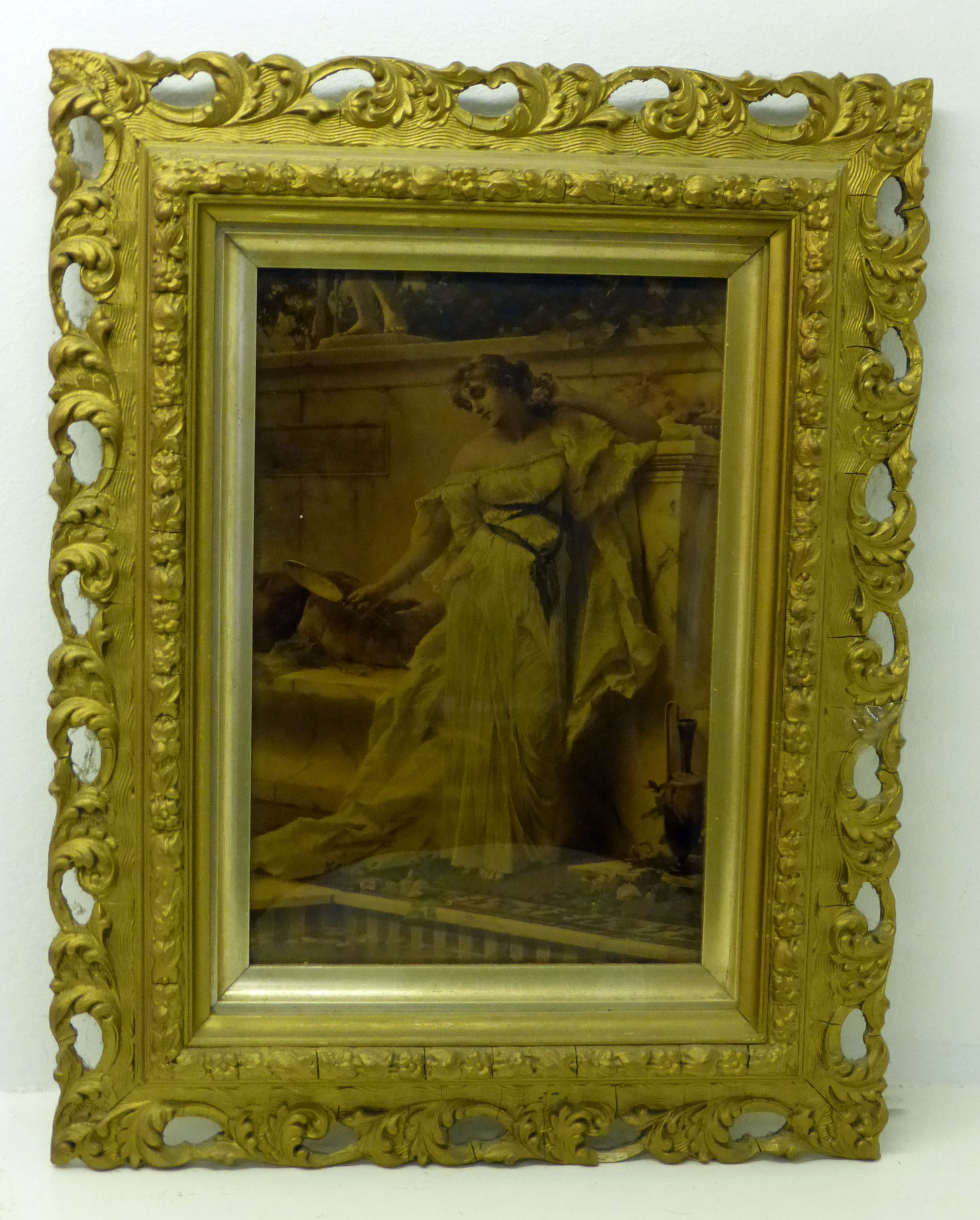 A German Crystoleum with a lady reclining on a day bed, 12" (31cms) x 15" (38cms) in gilt frame, and - Image 2 of 2