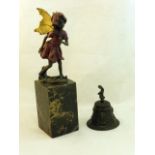 A bronzed Standing Figure of a Fairy with gilded wings on a marble plinth, 12" (31cms) high, and a