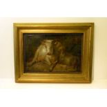 Attributed to ROSA BONHEUR; Cattle and Horned Ram at Rest, Oil on Panel, inscribed on the reverse,