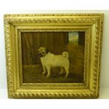 A ROBERTS; a Pug Dog in a Stable, Oil on Board, signed, with old Frost & Reed label verso, 8" (