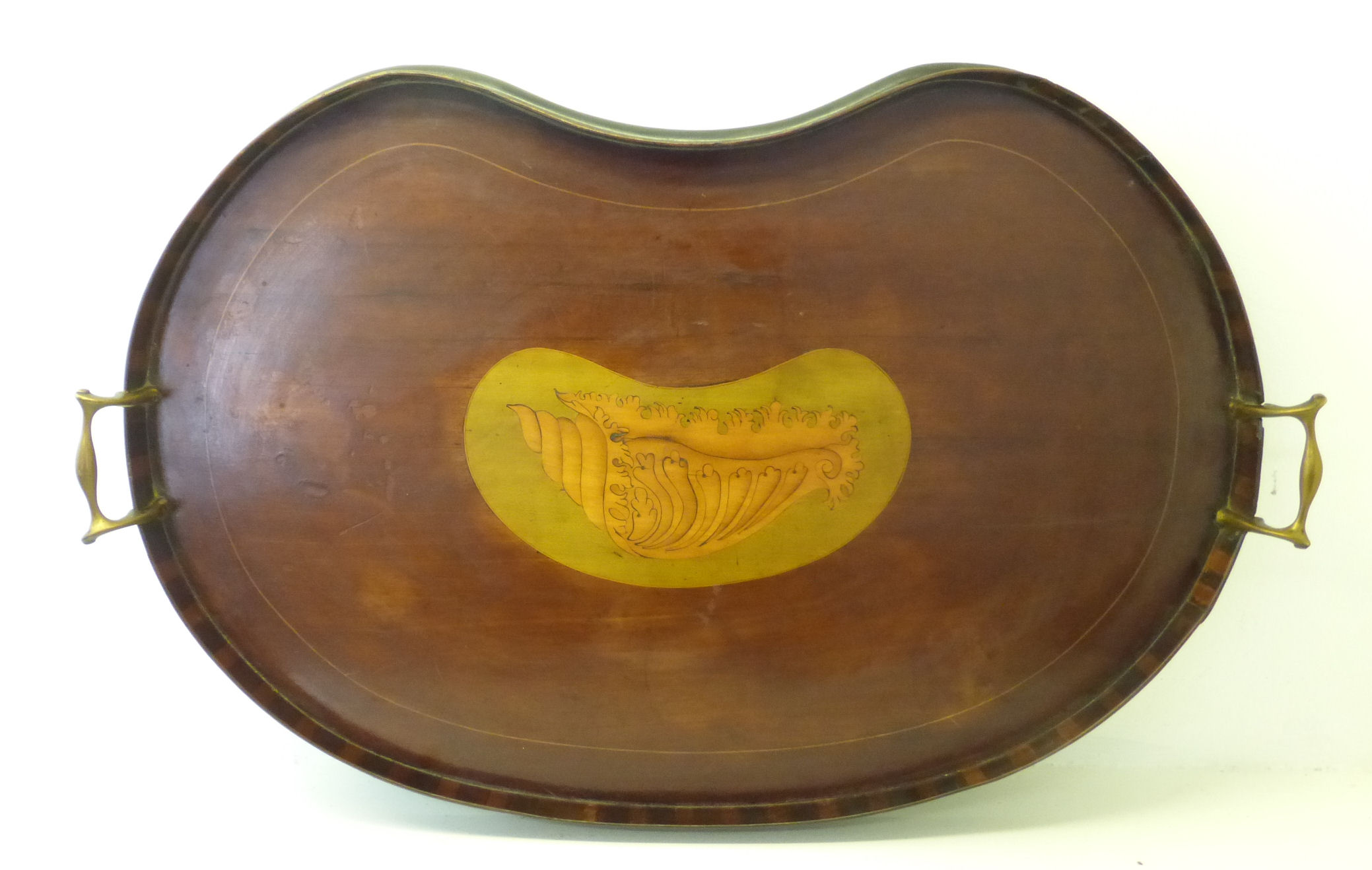 An Edwardian mahogany kidney shape Tray with shell inlaid decoration, galleried edge and brass