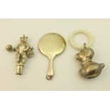 A silver Rattle modelled as a teddy bear with bells, a plated Rattle of a puppy, and a small