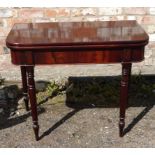 A Victorian figured mahogany Tea Table with fold-over 'D' shape top on turned supports, 3' (92cms)