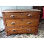 A continental mahogany Chest with three long drawers, moulded top and bracket feet, 3' 4" (102cms)