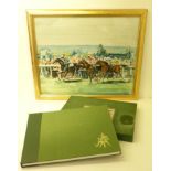 JOHN HATFIELD; Oil Painting of a horse racing scene, 15" (38cms) x 19" (48cms), and a volume of