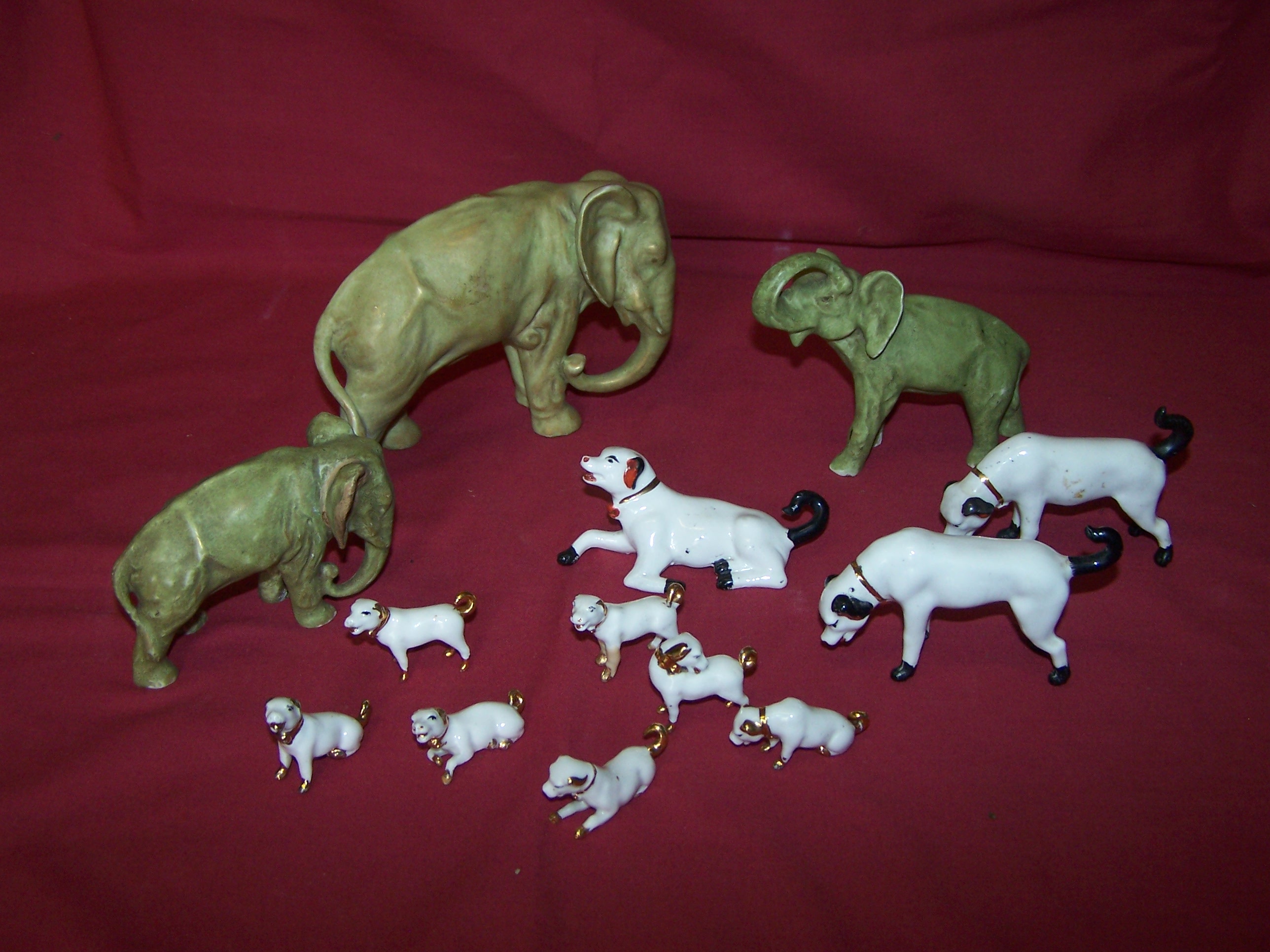 A group of three Worcester pattern Elephant Ornaments, the largest 4" (10cms) high, and a group of