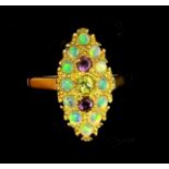 A silver gilt Dress Ring of navette design set with amethyst, peridots and opals.