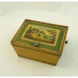 A small 19th century oblong Box, the hinged cover with a painted landscape within a hatched