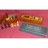 A turned boxwood Chess Set, height of King 2 1/2" (6.5cms); an inlaid Cribbage Marker, and a game of