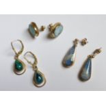 A pair of 9ct. gold and possibly sodalite drop Earrings, a pair of 9ct. gold cameo stud earrings and