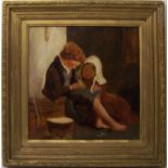 An unsigned Oil on Board of two Children, 11" (28cms) square.