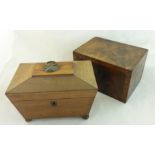 A Georgian mahogany cross banded Tea Caddy, 7 1/2" (18cms) wide, and another mahogany sarcophagus