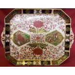 A Victorian Derby oblong two handled Tray decorated with oriental flowers in orange, blue, gilt,