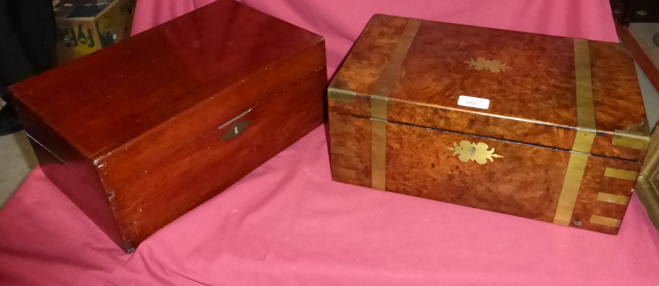 A Victorian figured walnut and brass banded Table Writing Box with fitted interior, 16" (41cms)