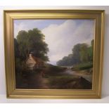 19th century English School, Oil on Canvas of a River Landscape with cottage and figures on the