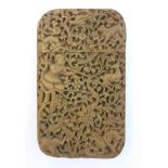 A Burmese carved hard wood Visiting Card Case carved with European hunters, animals, etc., 5" (12.