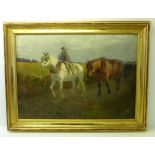 An unsigned Oil on Canvas of a rider on a white horse leading a brown horse, 15 1/2" (39cms) x