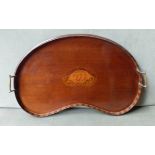A Edwardian mahogany kidney shape two handled Tray with shell inlaid decoration, 23" (59cms) wide.