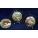 A Prattware Pot Lid with the harbour of Hong Kong scene, in a wooden frame, a pot lid and base '