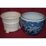 A Chinese blue and white Prunus pattern Jardiniere, 12" (31cms) diameter and a white glazed
