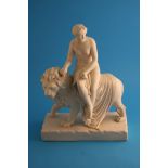 A Parian group of Una and the Lion modelled as a classical nude, seated on the back of a lion,