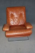 A brown leather vintage retro long corner suite and matching chrome leather armchair (supplied by