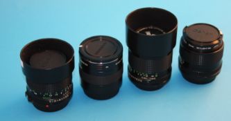 A Canon lens FD 35 mm 1.2; a FD 50 mm 1:1.4; a FD 100 mm 1: 2.8 and a Panagor auto macro converter
