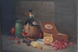 Oscar RamosOil on canvasSigned"Still life with a table of fruit and wine"45 cm x 60 cm