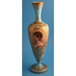 A Victorian glass vase, opaque white and turquoise decorated with an oval portrait of a lady in