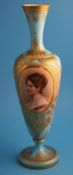 A Victorian glass vase, opaque white and turquoise decorated with an oval portrait of a lady in