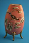 A Victorian glass vase, opaque white overlaid with pale pink, decorated in enamels with a bird on