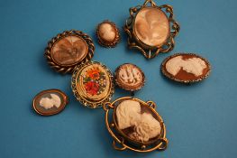 Two Victorian pinchbeck mourning brooches, a mosaic brooch and five various cameos.