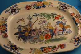 A large Chinese Celtic pattern ironstone meat plate and two dinner plates.54 cm wide and 25 cm