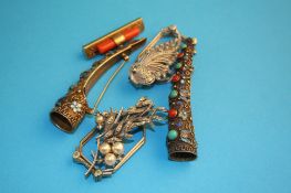 Two Art Deco diamente clips, a 9ct gold bar brooch set with orange coral and two horn shaped posy