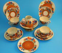 A Clarice Cliff Newport Pottery Bizarre "Crocus" pattern tazza, and 5 side plates, 4 cups and