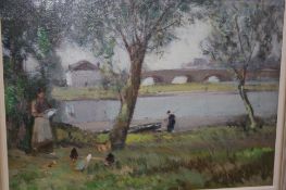 Oil on canvasUnsigned"Rural scene with lady feeding chickens and fisherman by the river bank"39 cm x