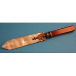 A decorative letter opener with agate handle, silver mounts and mother of pearl blade.