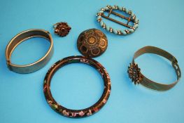 A turquoise oval buckle, a Cloisonne bangle, a garnet ring etc.