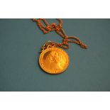 A double sovereign dated 1902 with 9ct gold mount and chain.Total weight 22 grams