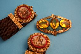 Two micro mosaic bracelets in yellow metal and a three stone citrine brooch.