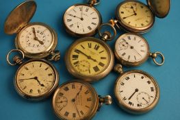 A collection of eight pocket watches to include one military watch, three silver and a RNIB
