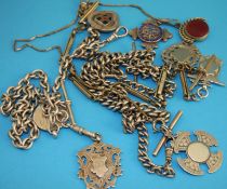 Three silver watch chains and fobs, weight 208 grams - 6.7 oz and two other silver fobs and charms.
