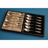 A set of six electro-plated tea spoons and six silver tea spoons.