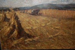 In the manner of David RobertsonOil on canvas'Farmers cutting the corn at harvest time'35 cm x 53