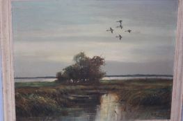 John Cyril Harrison1898-1985Oil on canvasSigned"Marshland scene with ducks in flight"50 cm x 59 cm
