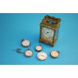 A small brass carriage clock with enamelled dial and a bag of four ladies pocket watches and one